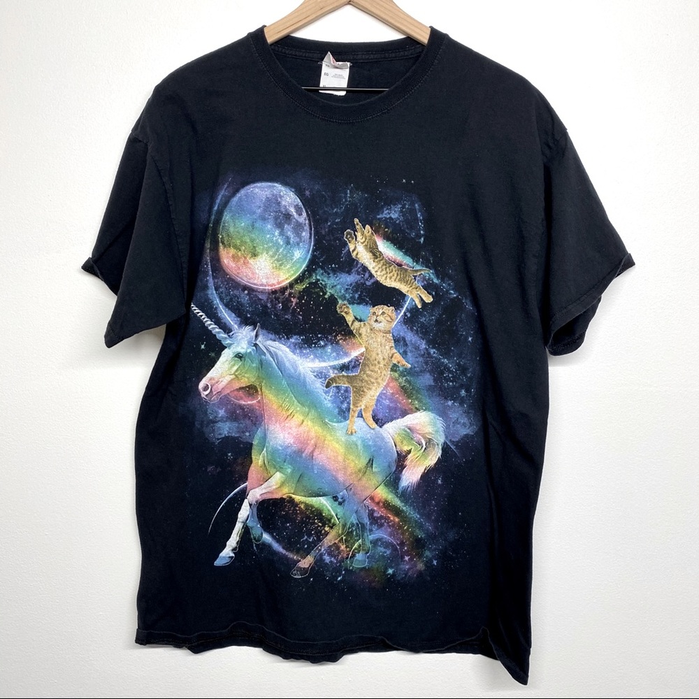 Rainbow Unicorn Cat Galaxy Graphic Moon Shirt XL